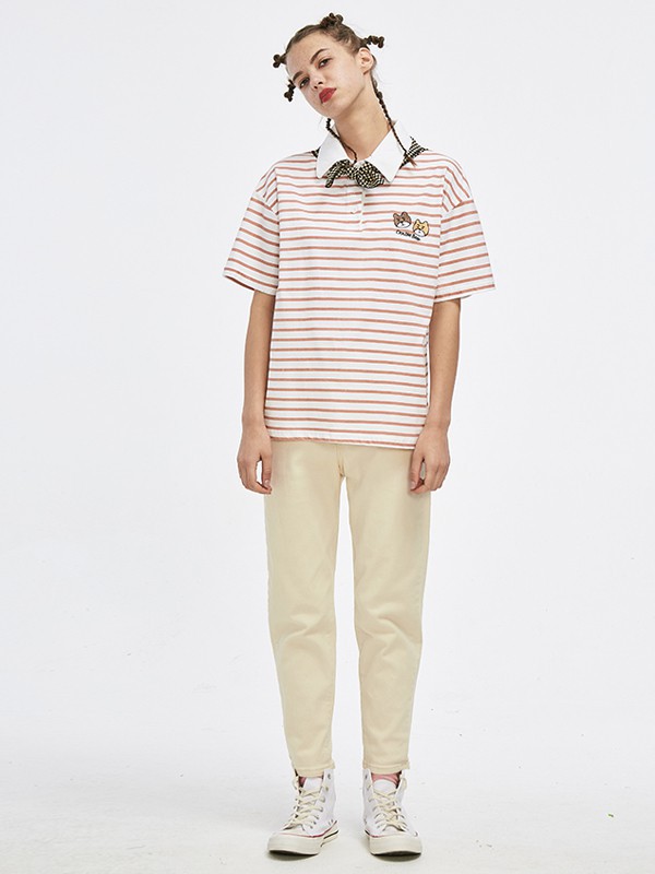 木果果木女装2021春夏季藏蓝色条纹polo衫