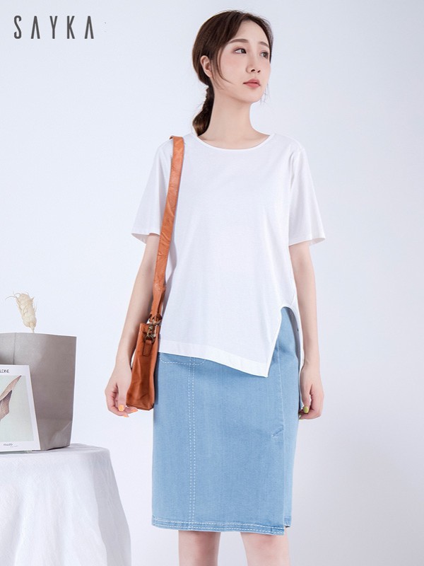 拾卡2021春夏季白色开叉T恤