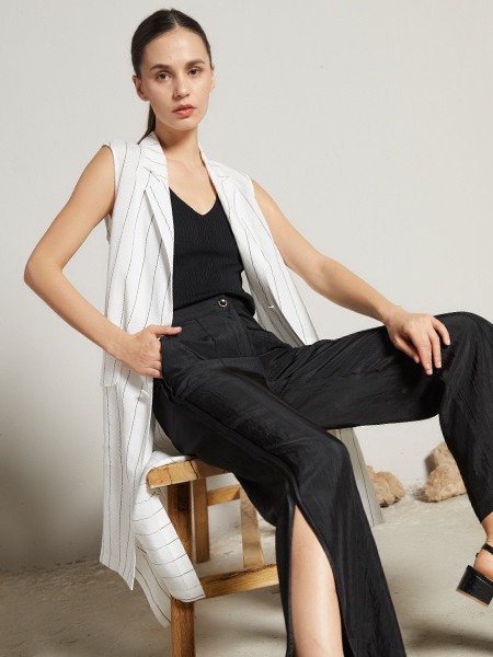 拉娜菲女装2021春夏季黑色开叉阔腿裤