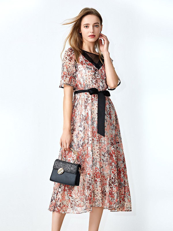 丝雨桐2021春夏季棕色印花连衣裙