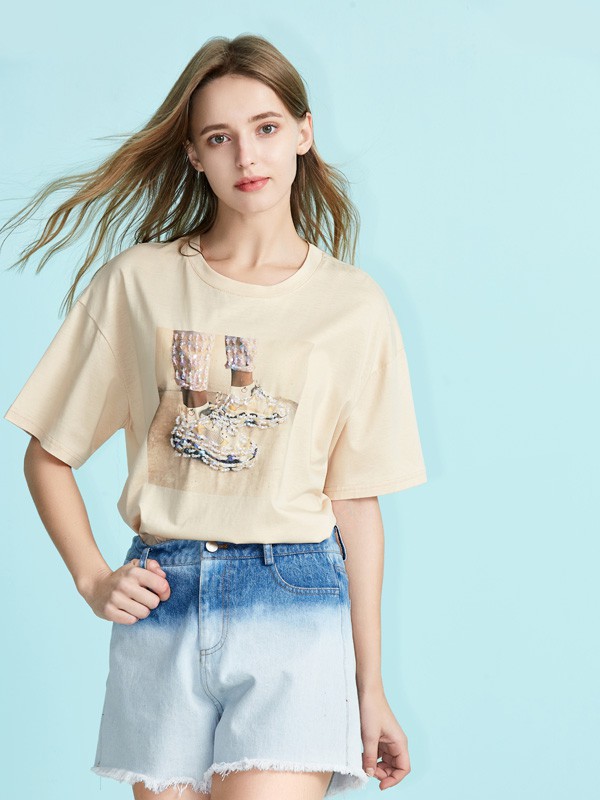 丝雨桐2021春夏季黄色印花T恤