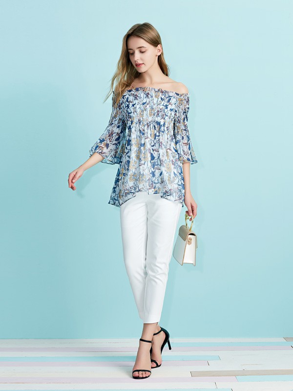 丝雨桐2021春夏季蓝色一字肩雪纺衫