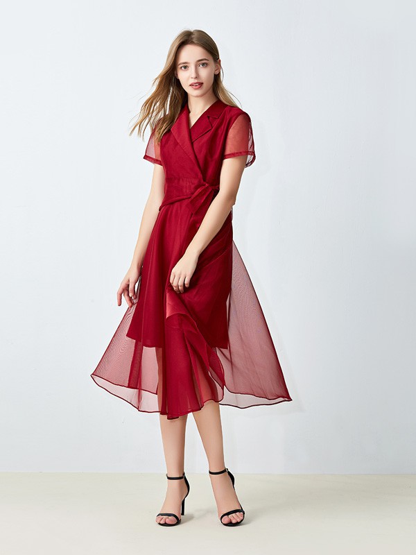 丝雨桐2021春夏季黄色纱网连衣裙