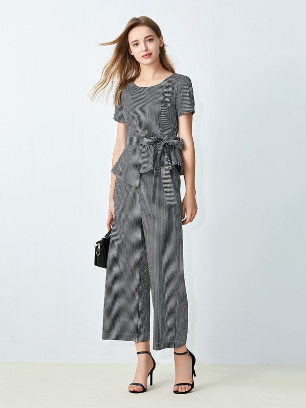 丝雨桐女装2021春夏季灰色蝴蝶结连体裤