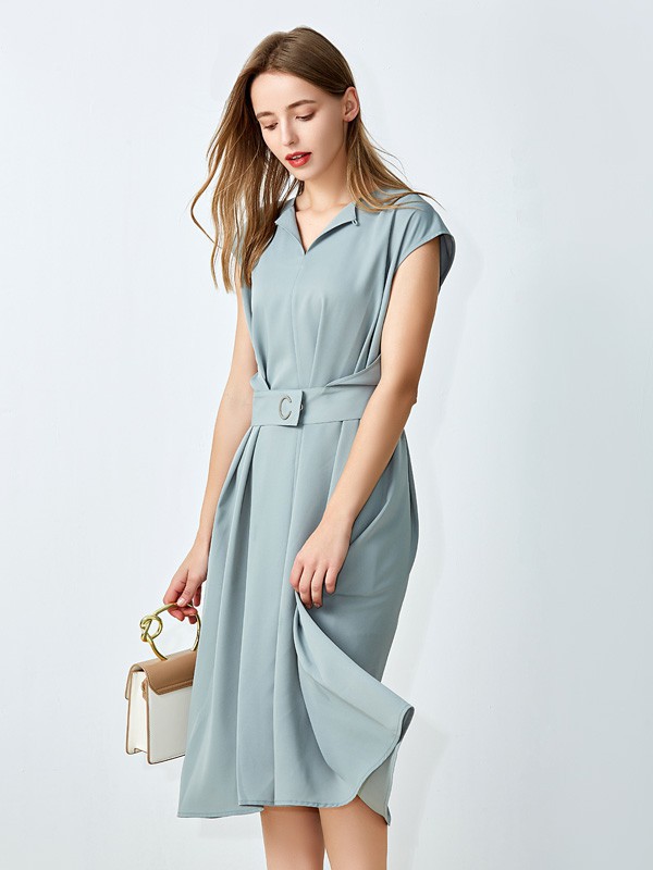 丝雨桐2021春夏季蓝色收腰连衣裙