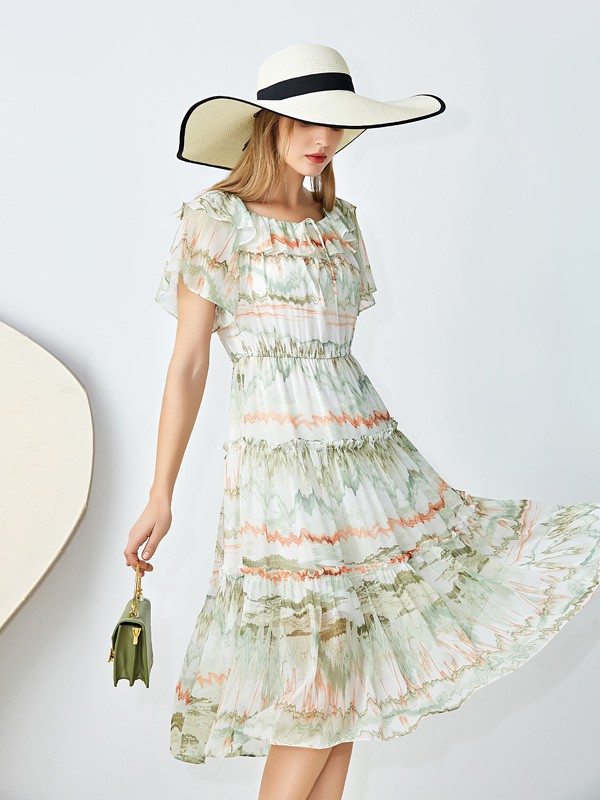 丝雨桐2021春夏季绿色印花连衣裙