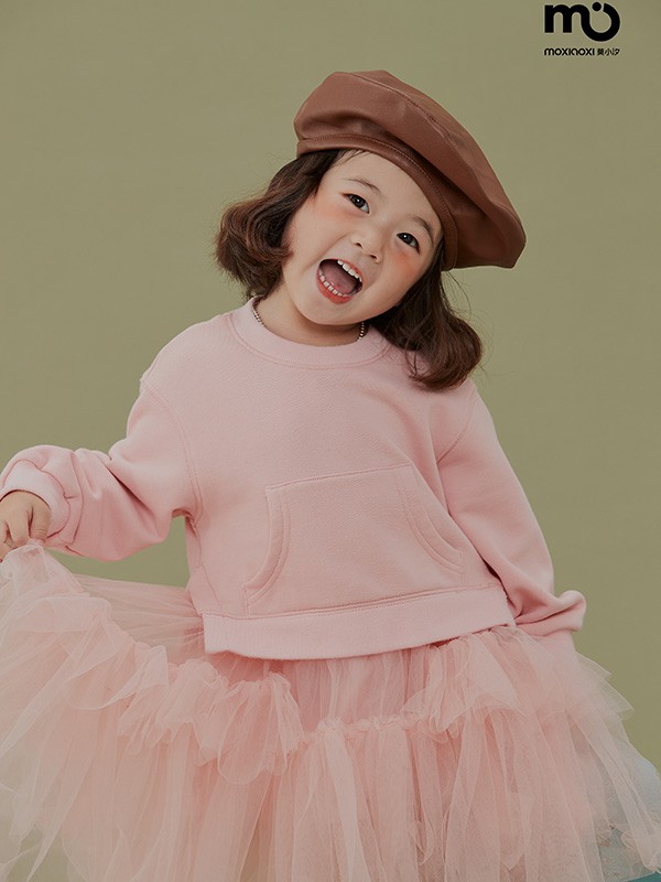 莫小汐童装2021秋冬季粉色纯色T恤