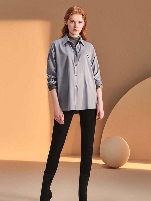 艾诺绮2021秋冬季灰色纯色衬衫