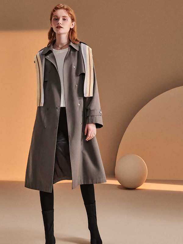 艾诺绮2021秋冬季黑色纯色风衣