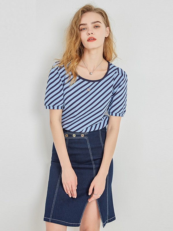 欧珂女装2021春夏季藏蓝色开叉包臀裙