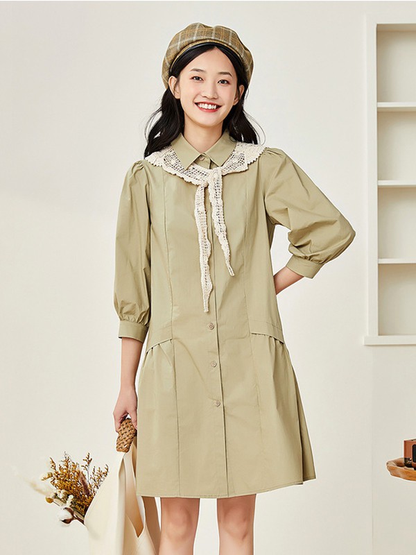 紫涵2021春夏季绿色纯色连衣裙