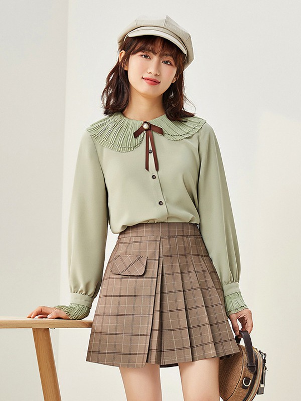 紫涵2021春夏季绿色纯色衬衫