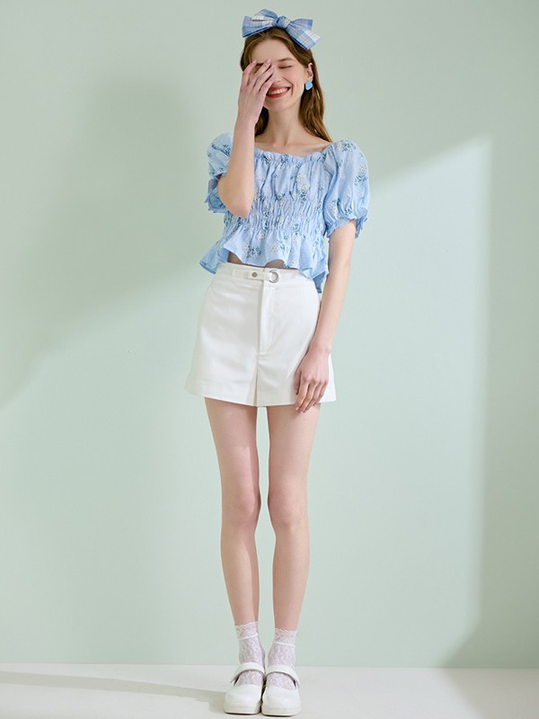 轩日女装2021春夏季蓝色印花上衣