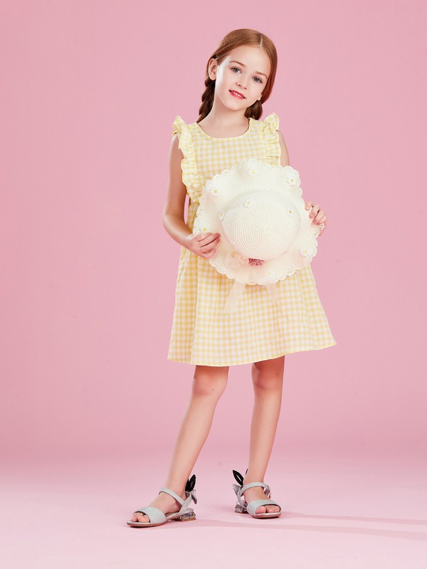 皇室童缘童装2021春夏季黄色格子连衣裙