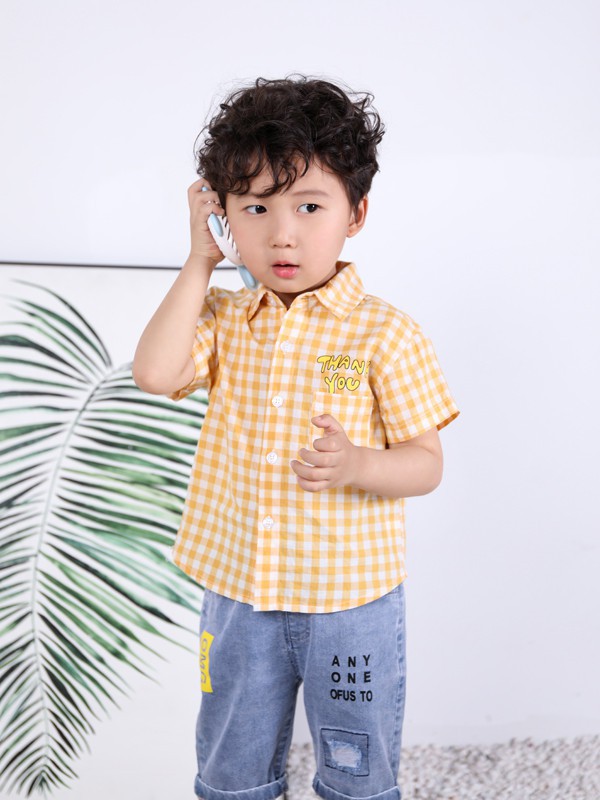 皇室童缘童装2021春夏季黄色格子衬衫