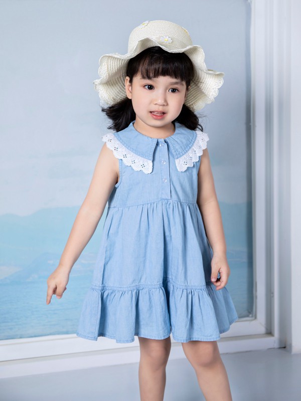 皇室童缘童装2021春夏季蓝色纯色连衣裙