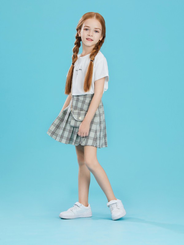 皇室童缘童装2021春夏季灰色格子短裙