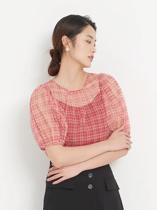 新作女装2021春夏季红色格子上衣