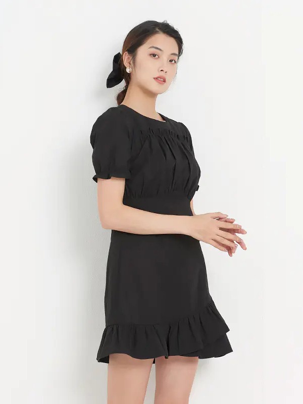 新作女装2021春夏季黑色木耳边连衣裙