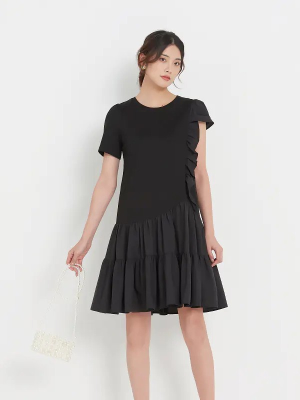 新作女装2021春夏季黑色荷叶边连衣裙