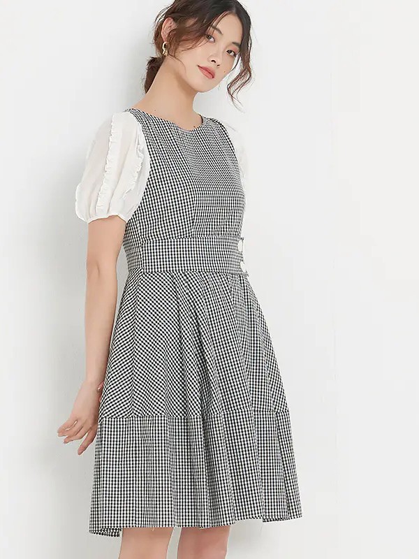 新作女装2021春夏季白色格子连衣裙
