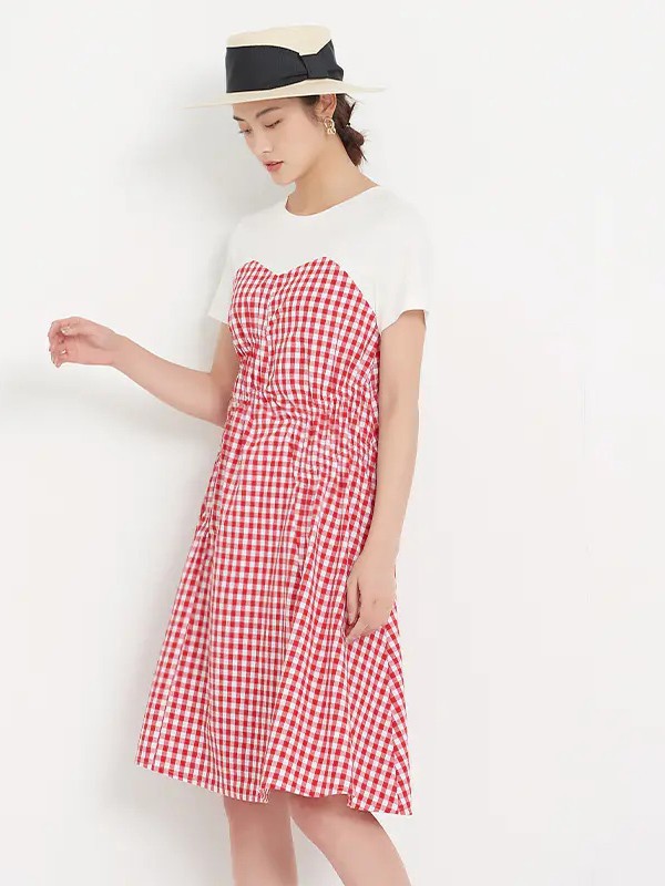 新作女装2021春夏季拼色格子连衣裙