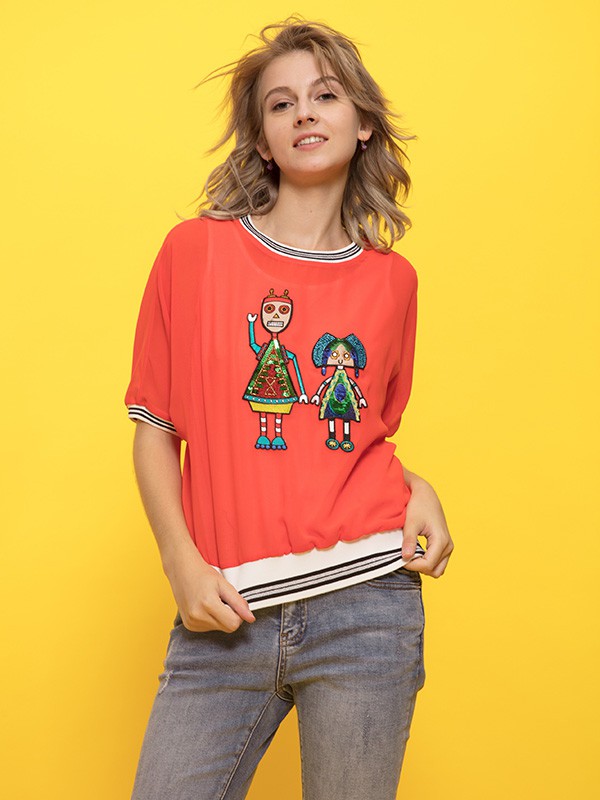 ANOBLIR女装2021春夏季橙色印花T恤