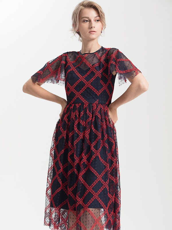 ANOBLIR女装2021春夏季黑色格子连衣裙