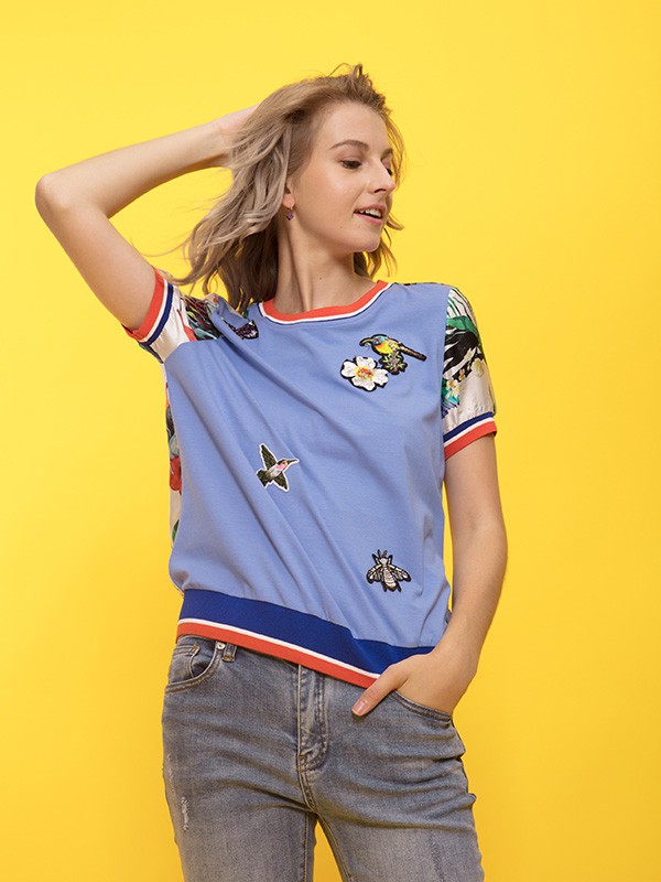 ANOBLIR女装2021春夏季蓝色印花T恤