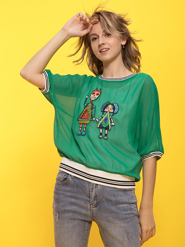 ANOBLIR女装2021春夏季绿色印花上衣