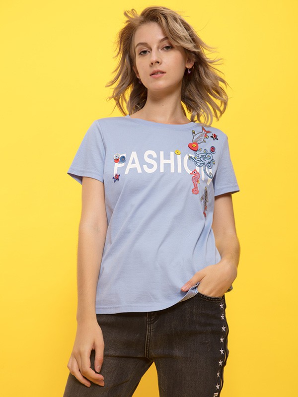 ANOBLIR女装2021春夏季蓝色印花T恤