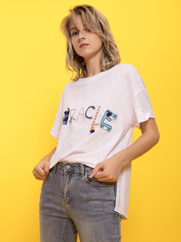 ANOBLIR女装2021春夏季粉色印花T恤