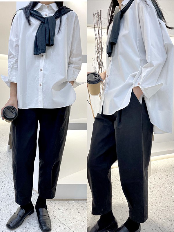赫本家2021秋冬季白色纯色衬衫