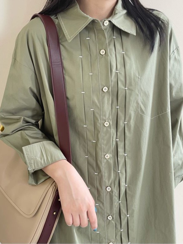 赫本家2021秋冬季抹茶绿纯色衬衫