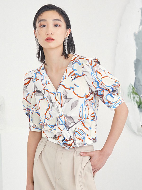 纳俪2021春夏季白色印花雪纺衫