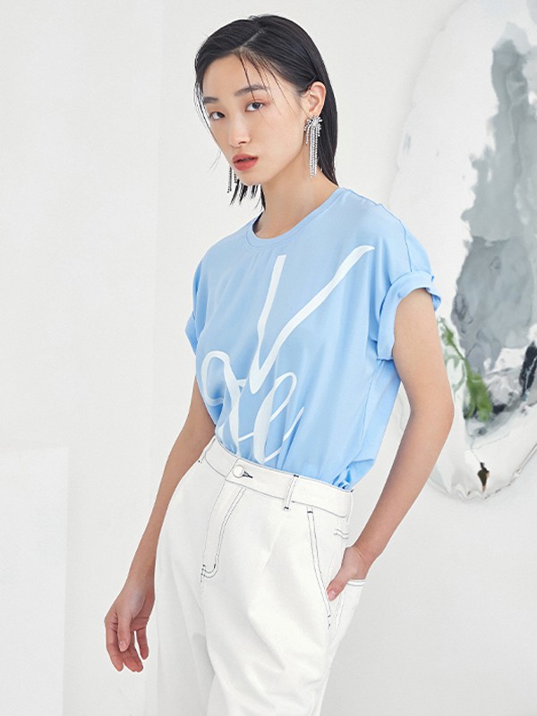 纳俪2021春夏季蓝色印花T恤
