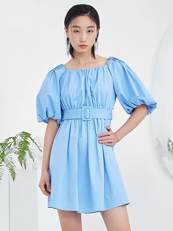 纳俪2021春夏季绿色收腰连衣裙