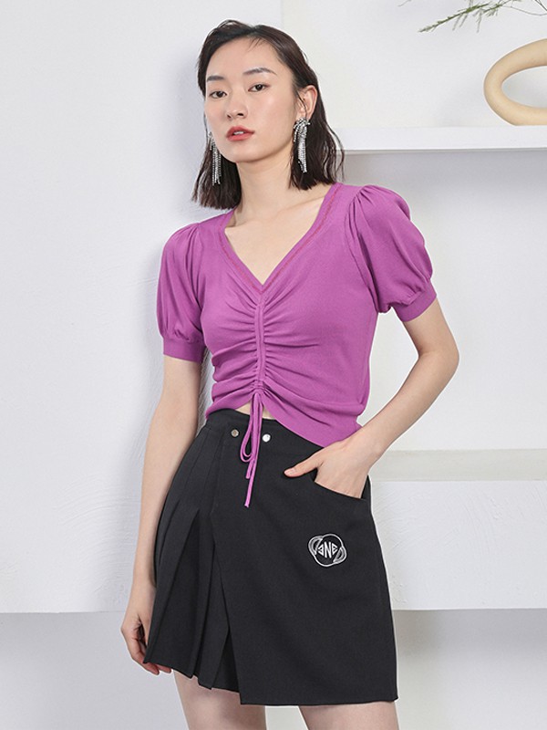 纳俪2021春夏季粉色褶皱上衣