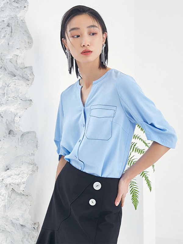 纳俪2021春夏季蓝色纯色雪纺衫