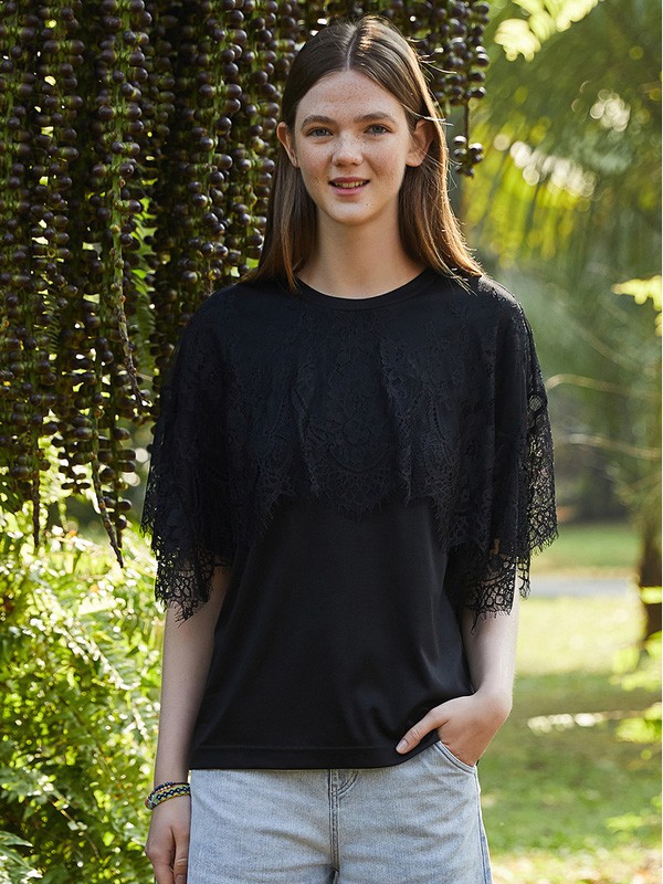 飞鸟和新酒女装2021春夏季黑色蕾丝T恤