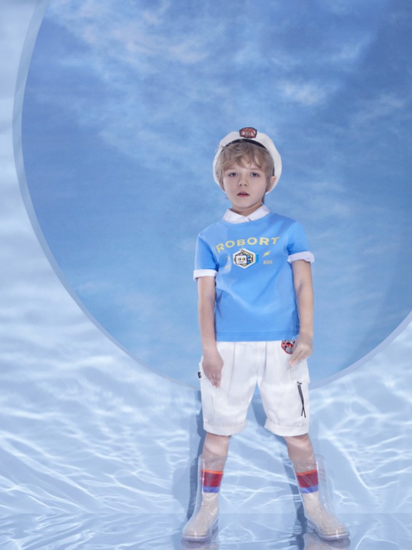 马骑顿2021春夏季蓝色印花T恤