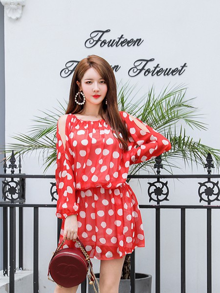 T.B2jeans牛仔2021春夏季红色波点连衣裙