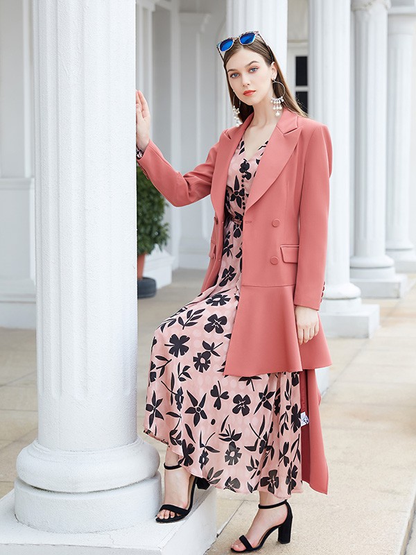 金蝶茜妮女装2021秋冬季橙色不对称风衣