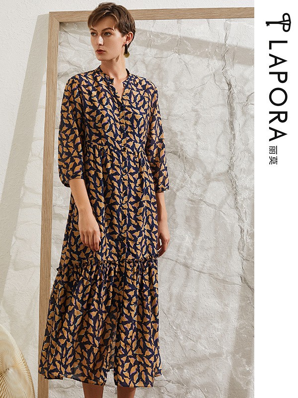 丽莫女装2021春夏季藏蓝色印花连衣裙