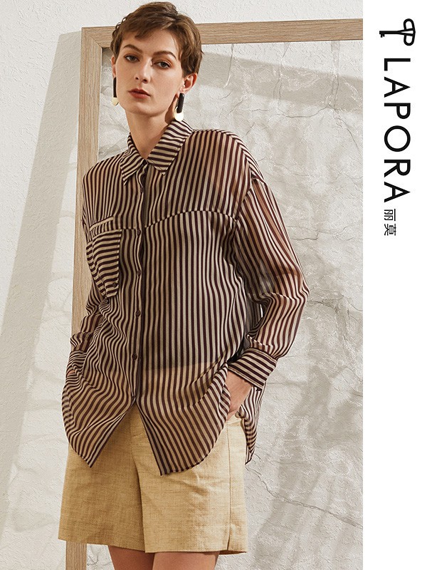 丽莫女装2021春夏季棕色条纹衬衫