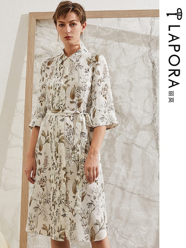 丽莫女装2021春夏季白色印花连衣裙