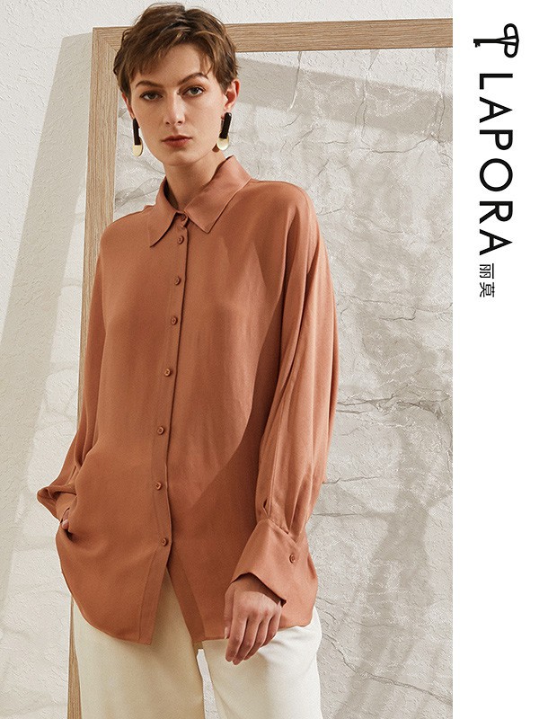 丽莫女装2021春夏季橙色纯色衬衫