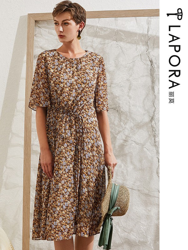 丽莫女装2021春夏季棕色碎花连衣裙