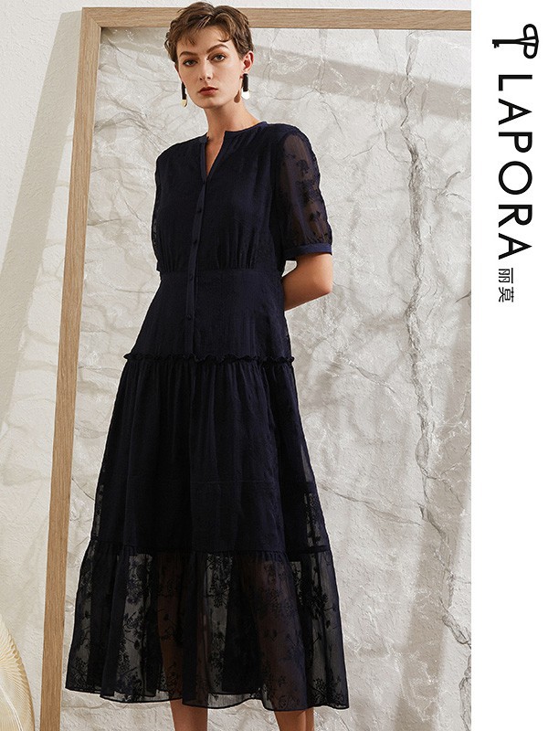 丽莫女装2021春夏季黑色蕾丝连衣裙