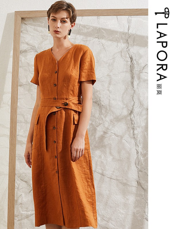 丽莫女装2021春夏季橙色纯色连衣裙